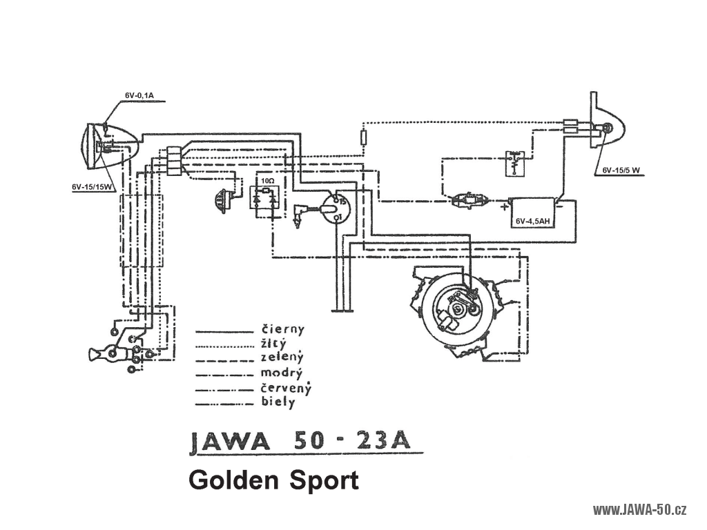 Schéma zapojení elektroinstalace motocyklu Jawa 50 typ 23A Golden Sport