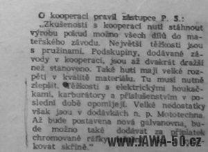 Problémy s kooperací a dodávkami dílů na motocykly Jawa 550 Pionýr v letech 1955-1956 (Svět Motorů 16/1956)