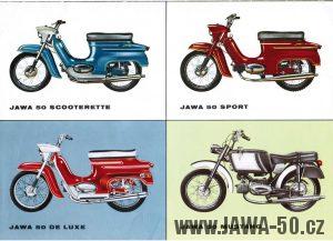 Dobový italský prospekt s nabídkou motocyklů Jawa 50 typ 05 doplněný o Ital-jet Jawa Mustang