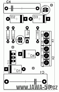 Schéma osazení tištěného plošného spoje tyristorového zapalování pro Jawu 50