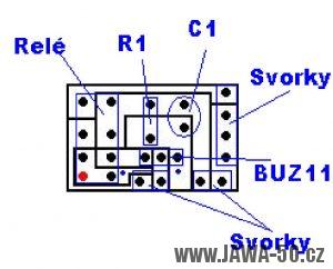 Schéma osazení plošného spoje alarmu součástkami (Jawa 50 Pionýr)