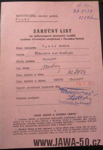 Motocykl Jawa 50 typ 223 Mustang z roku 1977 - originální záruční list