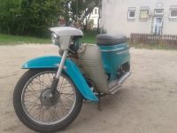 Motocykl Jawa 50 typ 20 Pionýr z roku 1971 v původním stavu, odstín modř tyrkysová