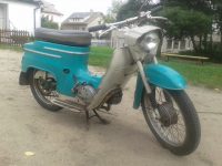 Motocykl Jawa 50 typ 20 Pionýr z roku 1971 v původním stavu, odstín modř tyrkysová