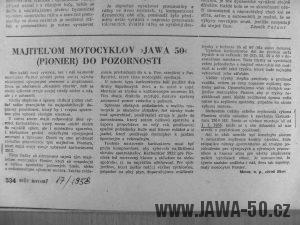 Svět Motorů 17/1958 - Majiteľom motocyklov Jawa 50 (Pionier) do pozornosti (rady nastavení karburátorů Jikov 2912)