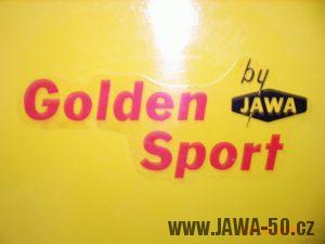 Vývozní motocykl Jawa 50 typ 23 Golden Sport z roku 1972 - nálepka na nádrži