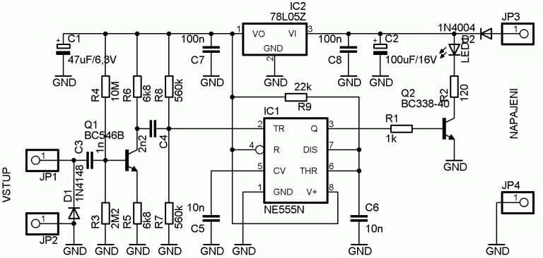 Schéma zapojení DIY LED stroboskopu pro seřízení předstihu zapalování automobilu nebo motocyklu