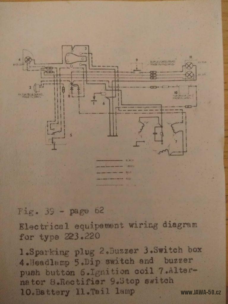 Schéma zapojení elektroinstalace vývozního motocyklu Jawa 223.220 Mustang Sport (kapotovaného)